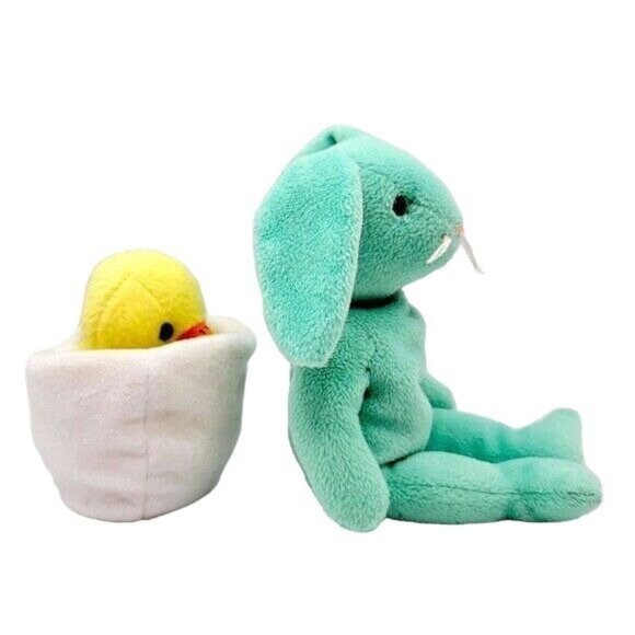 Ty Beanie Babies Hippity Eggbert Plush Yellow Chick Egg Green Bunny Easter VTG - Picture 6 of 12
